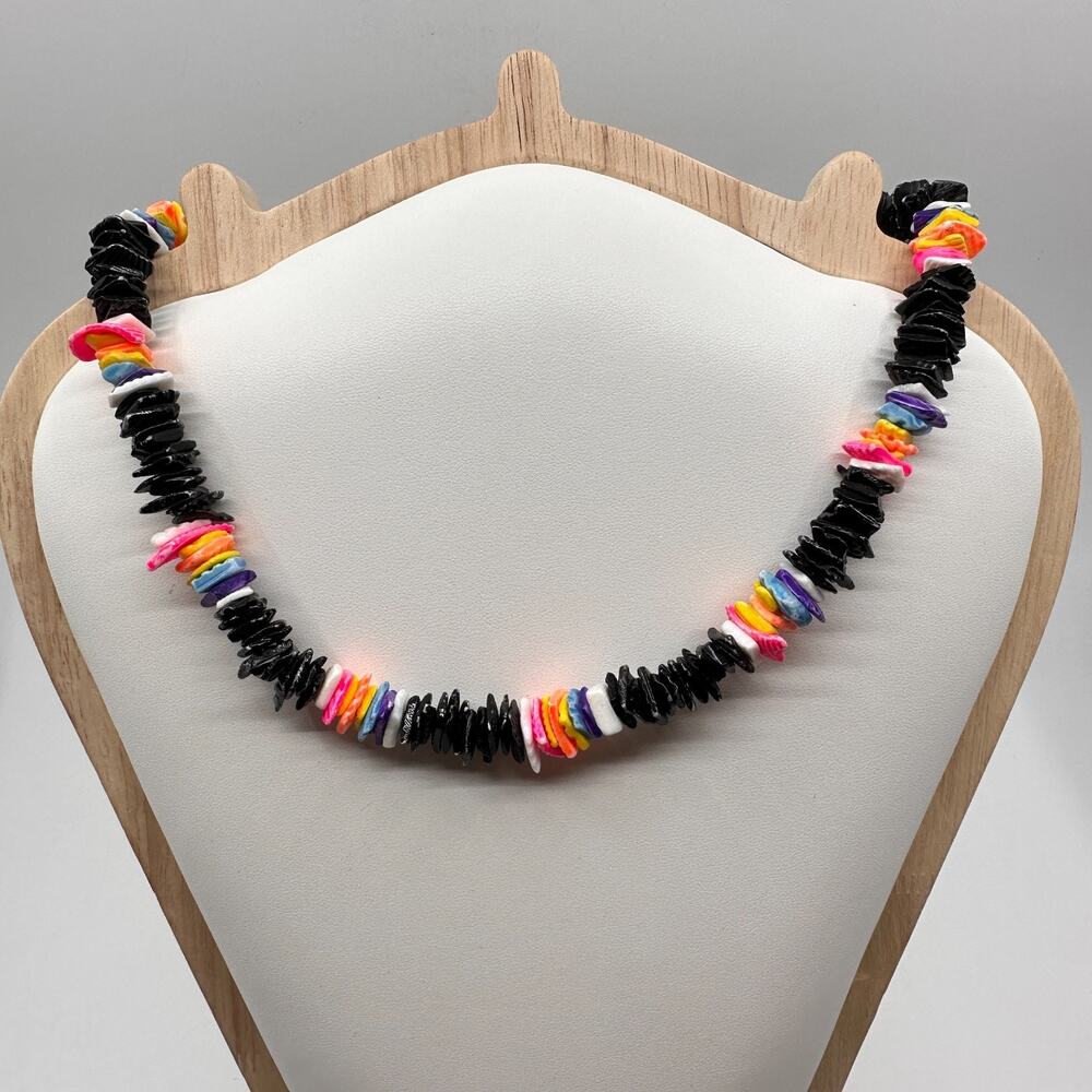 Black Shell Chip Necklace Multicolor Beads Boho Surfer Y2K Statement Jewelry